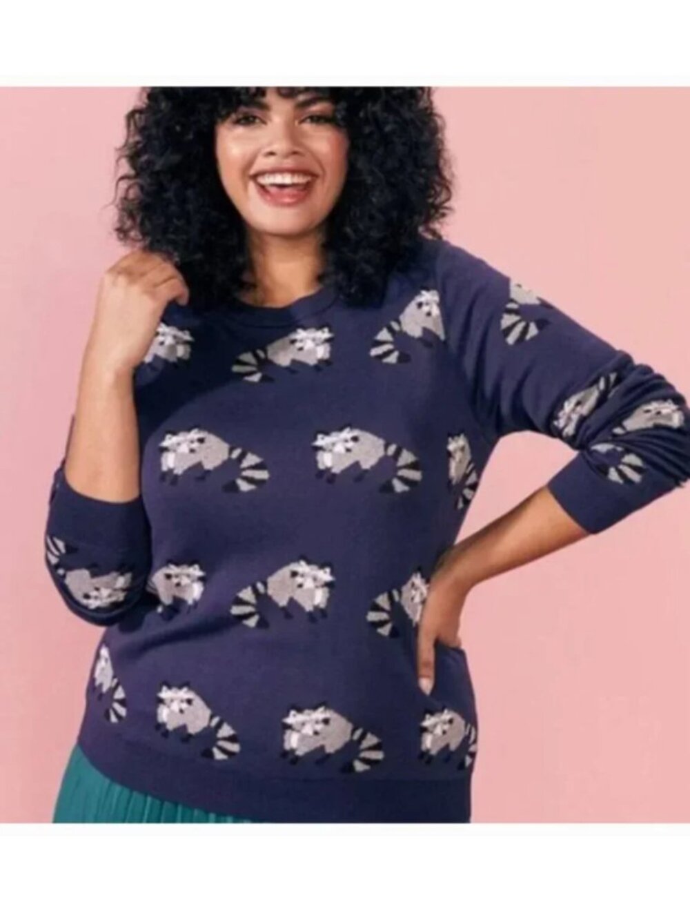 Modcloth Navy Charm School Raccoon Print Sweater L Whimsy Novelty Dark Academia